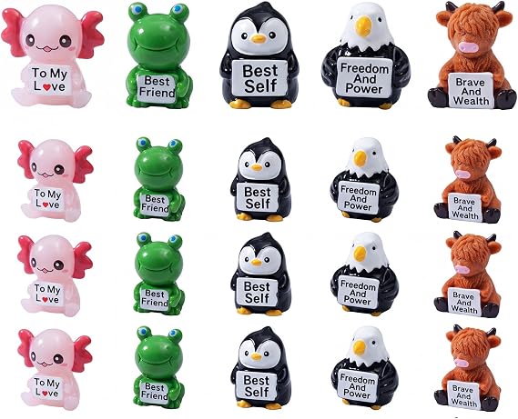 20Pcs Mini Resin Animals, Tiny Animal Figures with Axolotl, Frog, Penguin, Eagle & Highland Cow, Cute Animal Ornament with Heartwarming Signs, Adorable Home Decor for Fairy Garden Dollhouse & Aquarium