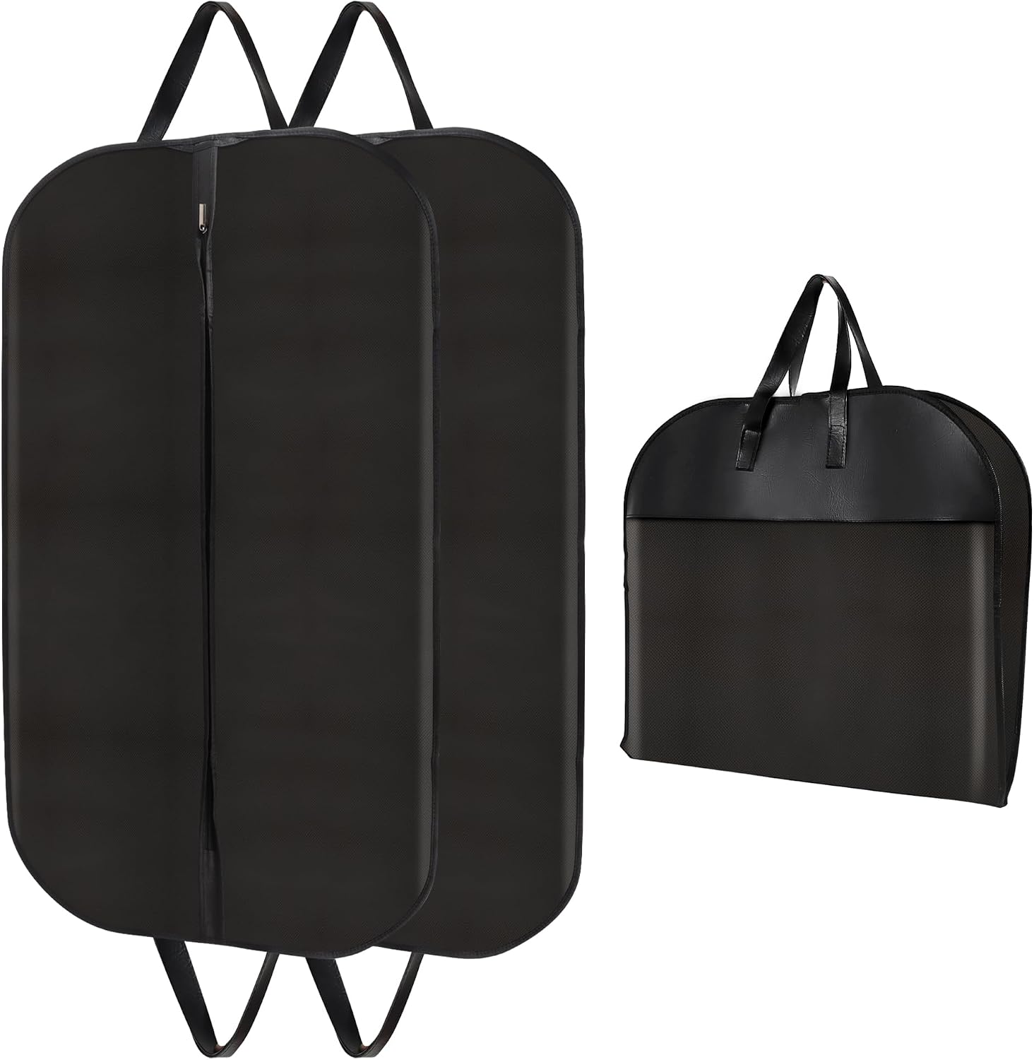 Garment Bags 2 Pack - 40 Inch Premium PU Leather & Fabric Hanging Clothes Storage for TravelCloset - Wrinkle-Free Suit Cover with Zipper & Handle for Shirts, Jackets, Coats, Dresses, Polo