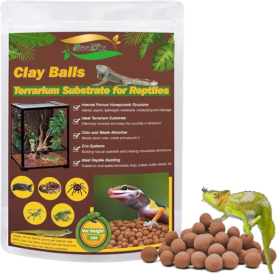 ZeeDix Reptile Substrate Clay Balls for Terrarium, 10 LBS | Organic Expanded Clay Pebbles, Moisturizing & Drainage False Bottom Substrate for Reptiles & Amphibians, Bioactive Substrate