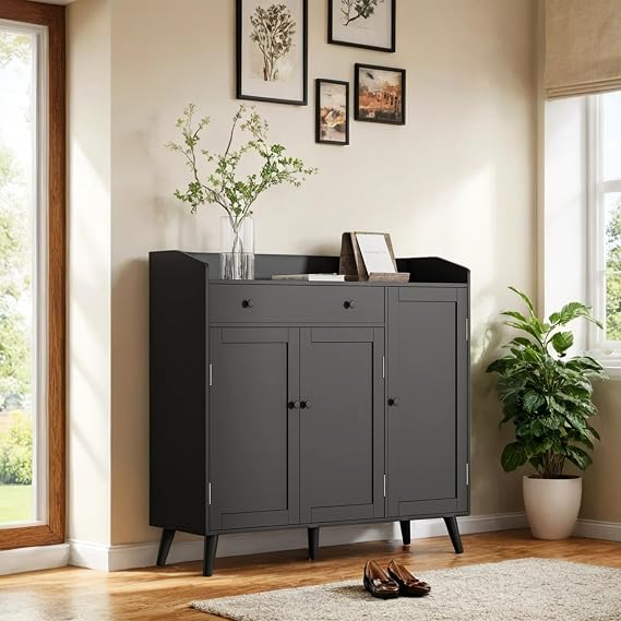DIYART Black Large Shoe Cabinet fit up to Shoe Size 16, Shoe Storage Cabinet with 3 Doors and 1 Drawer, Wooden Shoe Organizer for entryway