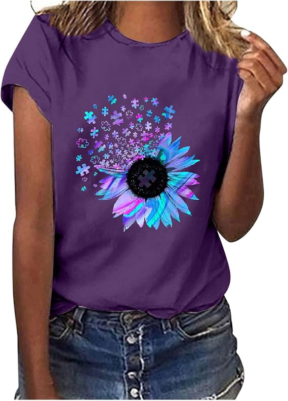 Women's Summer Sunflower T Shirt Cute Flower Graphic Loose Tees Crew Neck Short Sleeve Casual Tops