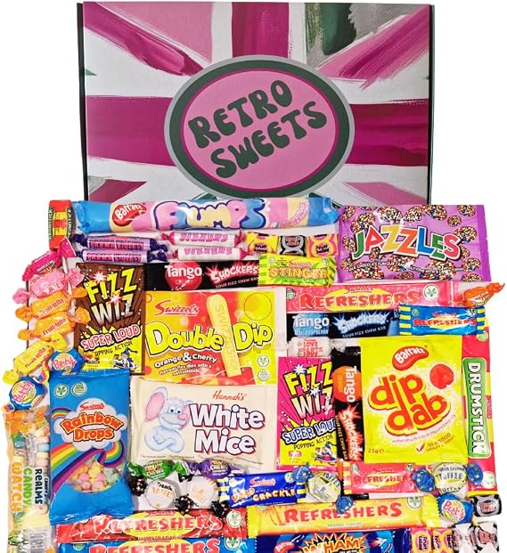 Retro Sweets Gift Box Ultimate Sweet Hamper. Packed in a fun Retro Design Box with over 50 Nostalgic and Popular British Sweets (Large, Pink & Green Union Jack Inspired Design)