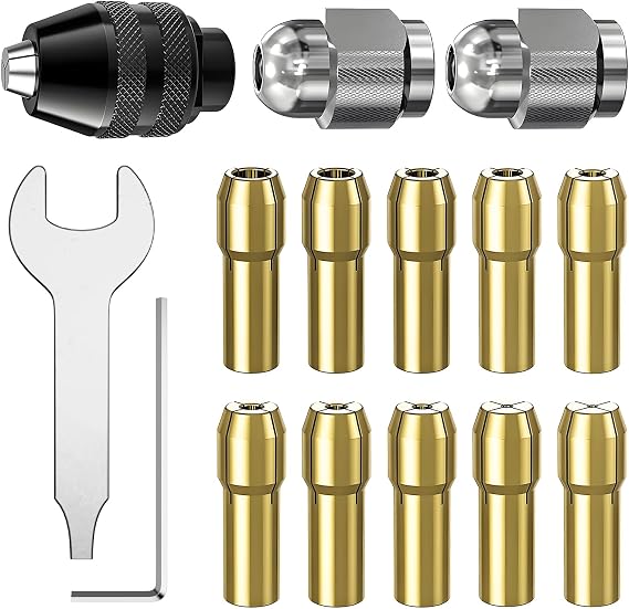15Pcs Chuck Collet Set for Dremel Tool Accessories, 1/32 (0.8mm) to 1/8 (3.2mm) Shank Replacement 4486 Rotary Tool Keyless Quick Change Chuck Bit with Replacement 4485 Brass Collet Metal Nut