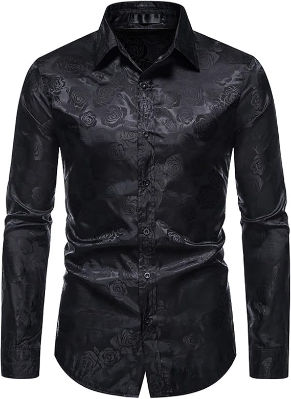 Men's Fashion Long Sleeve Floral Lapel Casual Shirt Slim Fit Casual Printed Shirt Button Dress Shirt Formal (Black,X-Large)