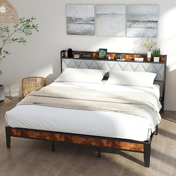Full Bed Frame, Platform Bed Frame with Storage Headboard with Charging Station, All Sturdy Metal Support, No Box Spring Needed, Easily Assemble, Grey + Brown