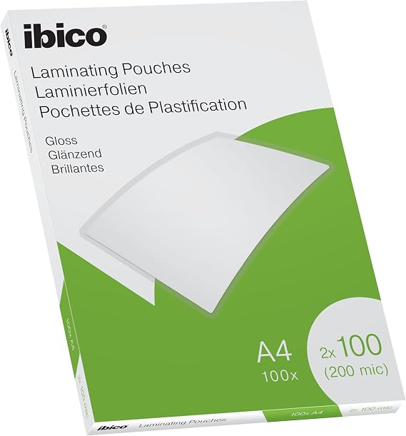 Ibico A4 Laminating Pouches, 200 Micron (2x100), High Document Protection &amp; Durability, Pack of 100, Gloss Finish, Crystal Clear, 627317