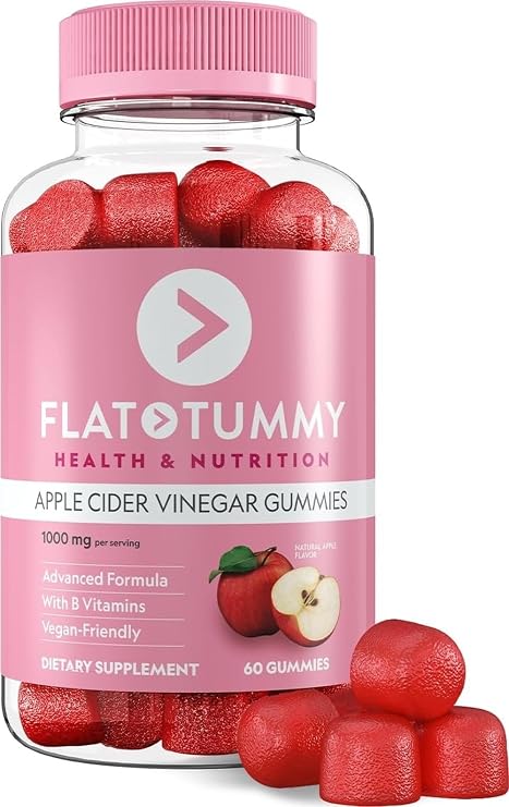 Flat Tummy Apple Cider Vinegar Gummies, 60 Count ACV Gummies, Detox, Support Gut Health Vegan-Friendly, Non-GMO - Beet and Pomegranate Superfood Powders, Vitamins B6, B9 & B12