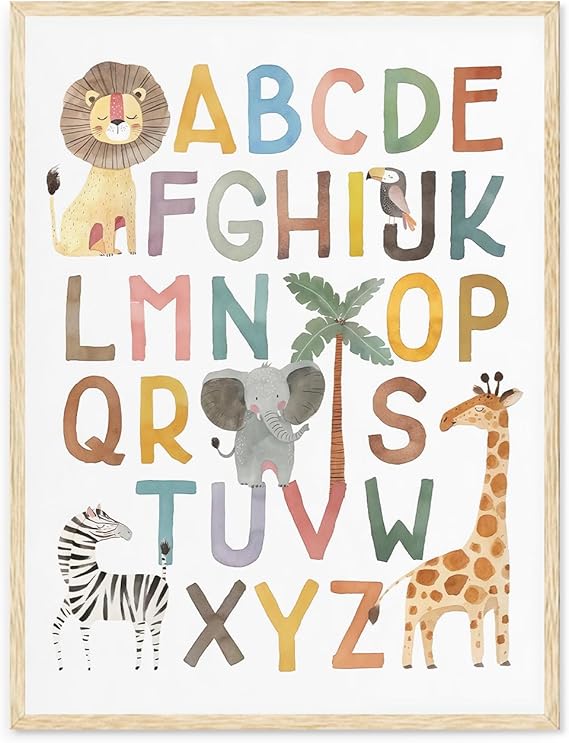 Dazzlewall ABC Nursery Wall Art Poster, Boho Alphabet Safari Animal Print Picture for Kids Bedroom Living Room 12x16 in Unframed