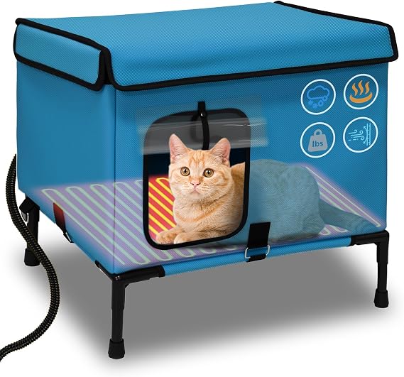 21" Large Size Heated Cat House for Outside, Weatherproof Heated Cat Shelter with Heating Pet Pad Included,Pet Houses for Outdoor Cat (16" D x 21" W x 17" H Bule