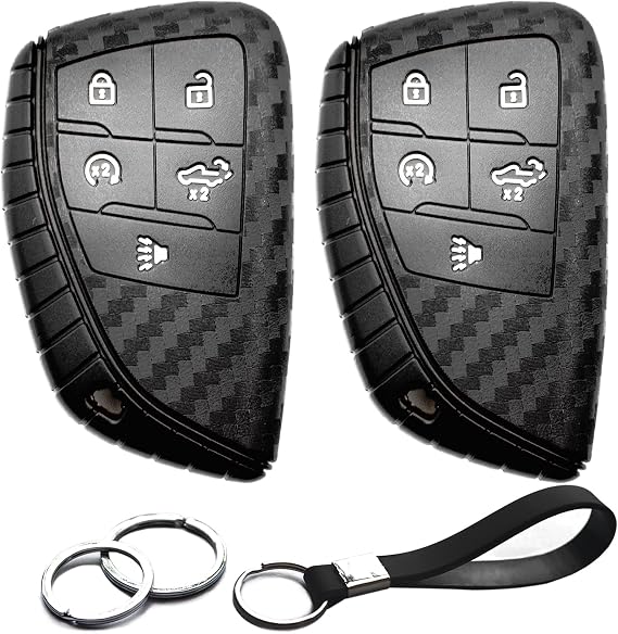 2pcs Compatible with Chevy GMC Key Fob Cover Case Key Chain fit for Chevrolet Chevy Silverado 1500 2500 3500 HD EV GMC Sierra 1500 2500 3500 HD Accessories Shell Holder Carbon Fiber Black