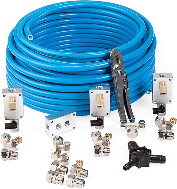 MaxLine 100 Foot 0.5 Inch Semi Flexible Compressed Air Tubing Master Kit, Pipe Mounting Clips (10-Pack), and Filter Regulator with Gauge