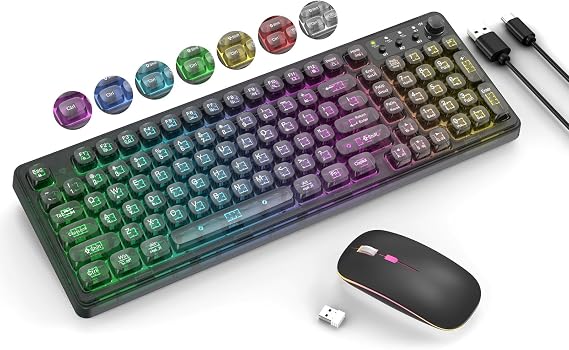 Wireless Keyboard and Mouse Combo Rechargeable, Light Up Transparent Backlit Keyboard with 15 LED Lighting Effects, Volume Knob, RGB Mouse, 2.4GHz Wireless for PC Laptop Desktop, Black