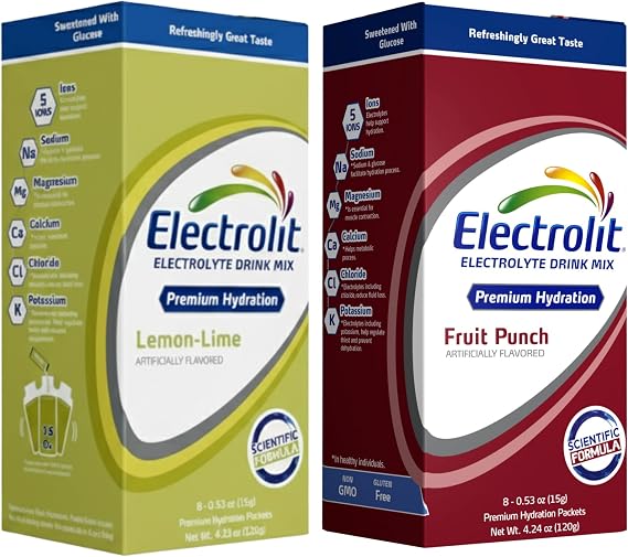 Electrolit Electrolytes Powder Packets, Fruit Punch & Lemon Lime, 8 Pack