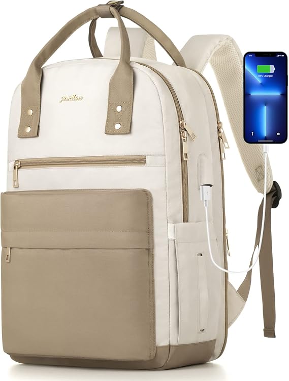 YAMTION Laptop Backpack for Women Bookbag School Backpack with Charger,Aesthetic Computer Backpacks for High School Teen Girls Office College Students Nursing Work,Mochila Mujer,Beige