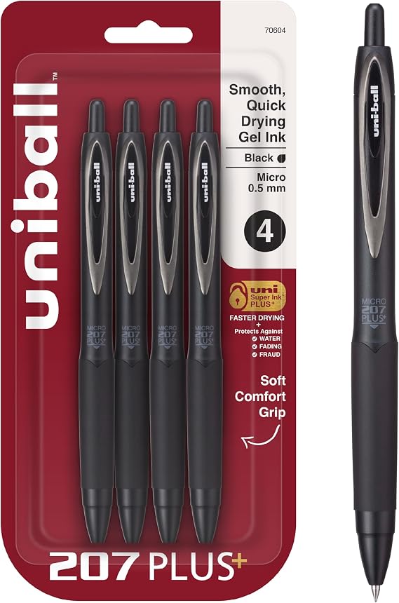 uniballTM 207 Plus+ Gel Pens, Black Ink, 0.5mm Micro Point, 4 Count | Retractable, Faster-Drying, Smooth Writing, Smear-Resistant, uni Super InkTM Plus+