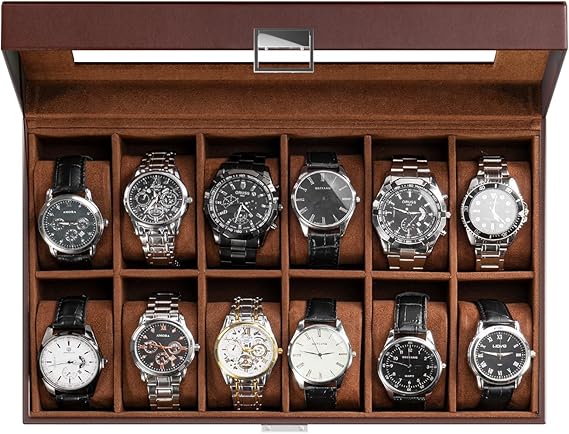 ProCase Watch Box Organizer, Fathers Day Gift for Dad, 12 Slot Watch Display Case With Glass Lid, Watch Storage Holder Mens Watch Case, Anniversary Birthday Gifts -12 Slot, Brown