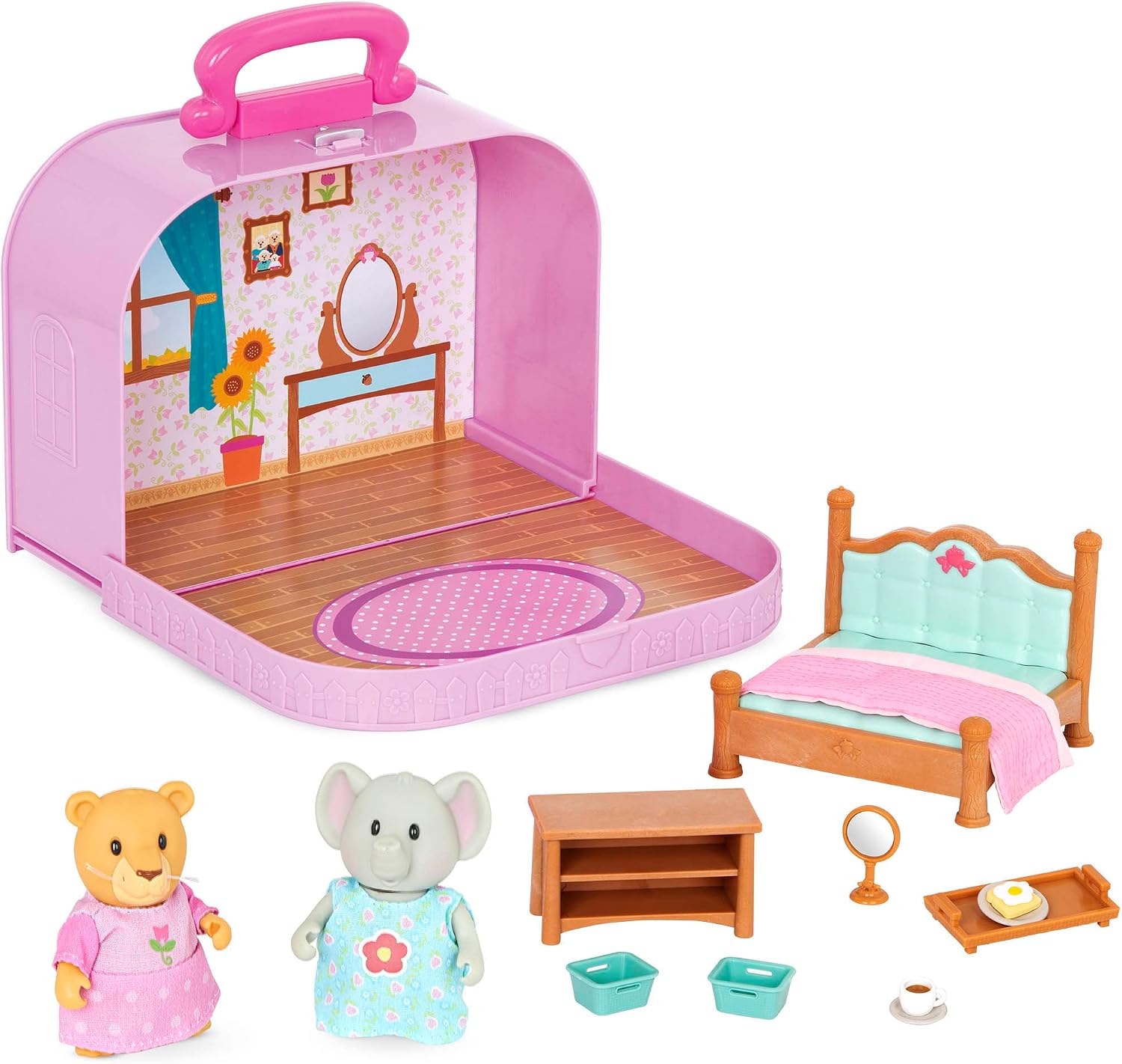 Lil Woodzeez – portable dollhouse playset with 2 posable figures – playhouse toy – travel suitcase bedroom & mini furniture – animal figurines – children over 3 years old