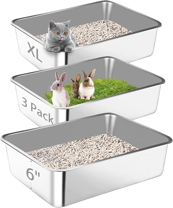 XL Stainless Steel Cat Litter Box 3 Pack, Large Metal Litter Pan