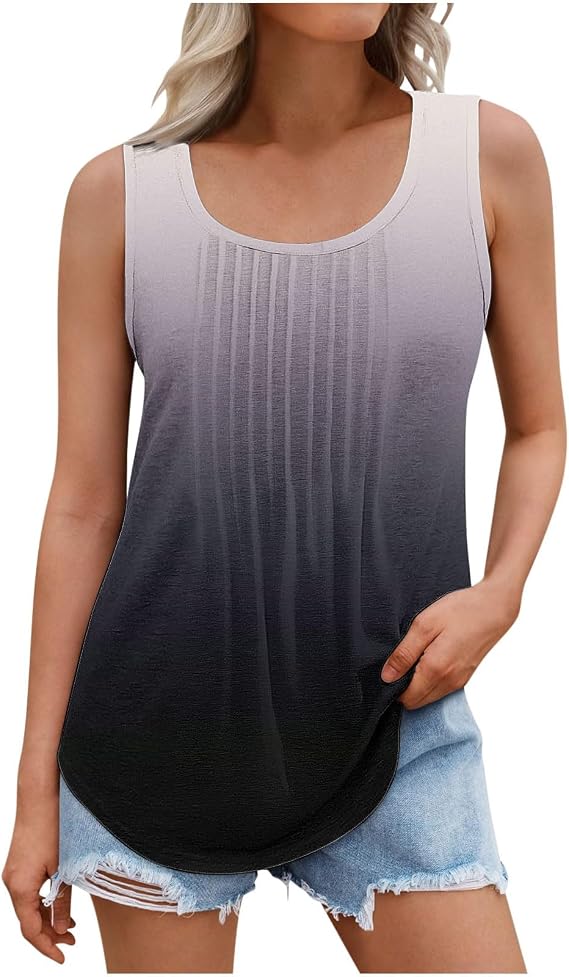 Plus Size Tank Top Womens Sleeveless Tunic Vest Fashion Gradient Color Baggy Casual Round Neck T-Shirt Pullover