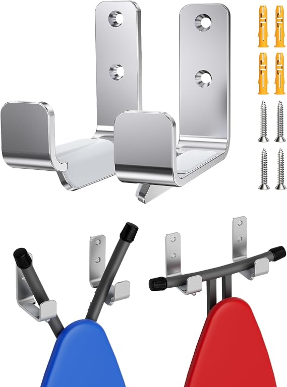 Ironing Board Holder Hanger Wall Mount, 304 Stainless Steel, Silver | Fits Y/T Leg Ironing Boards, Heavy Duty Stainless Steel Hooks, Space-Saving Storage for Laundry Room or Closet
