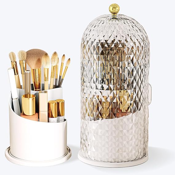 Makeup Brush Holder with Lid, 360 Rotating Multifunction Clear Dustproof Skincare Cosmetic Tools Storage Organizer for Vanity Desktop Bathroom Countertop (White)