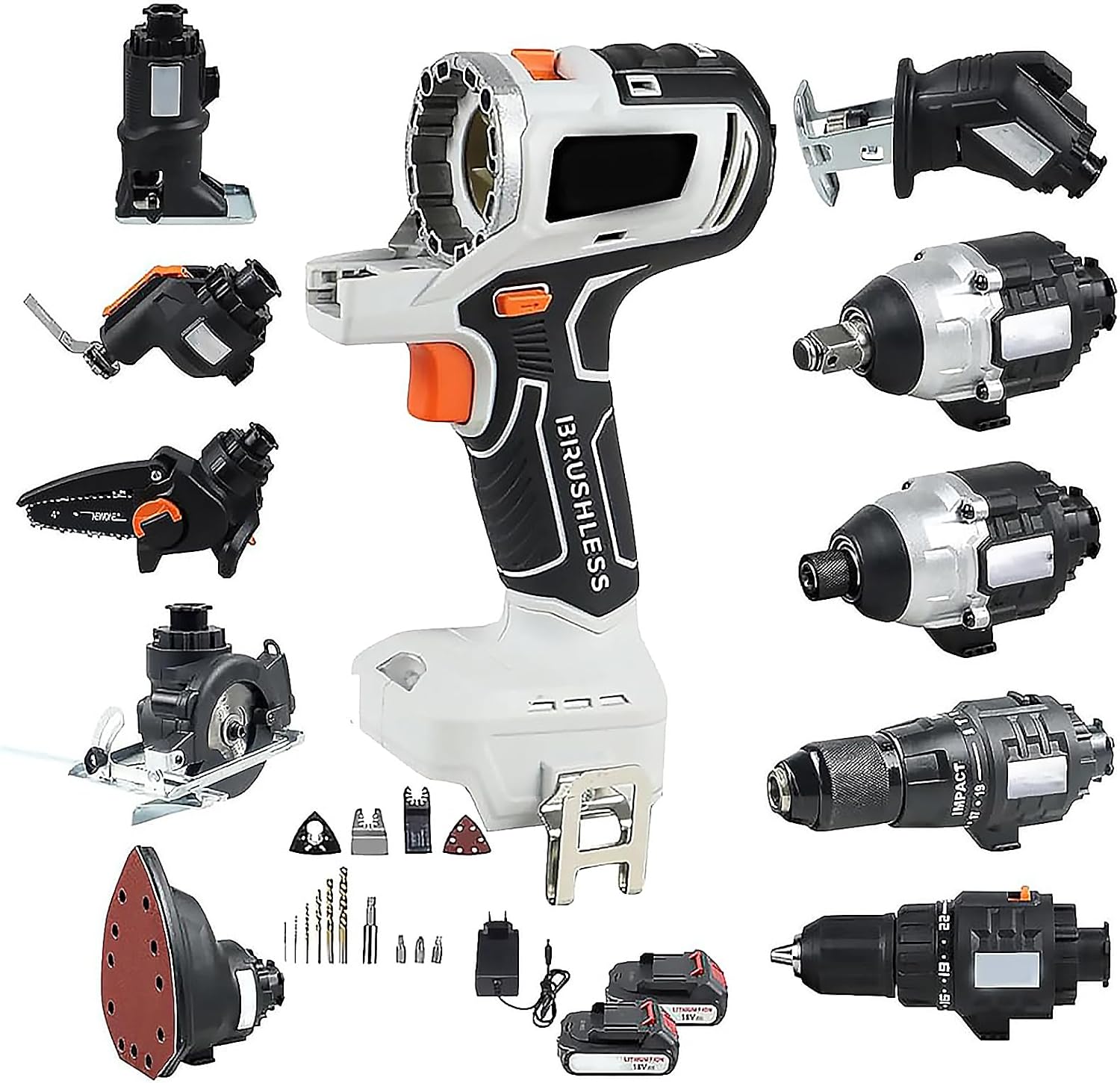 Household Brushless Power Tool Combo Kit, 10-in-1 Cordless Woodworking Tool Set with 4.0Ah Battery & Tool Box, Recipe Saw Circular Chainsaw Vibrating Tool, Screwdriver Wrench Impact Drill Sander