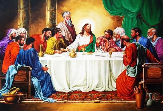 AOFOTO 5x3ft Jesus Christ Backdrop Passover Eve Last Supper of Jesus with Twelve Apostles Holy Backdrop Savior and His Disciples On Maundy Thursday Religious Photoshoot Background for Photography