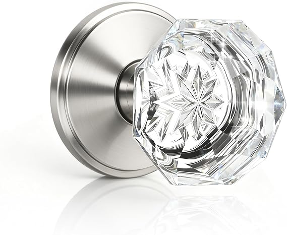 KNOBWELL Dummy Glass Door Knob, Vintage Clear Crystal Door Knobs, Single Sided Interior Door Use Faceted Crystal Door Knobs, Satin Nickel, 1 Pack