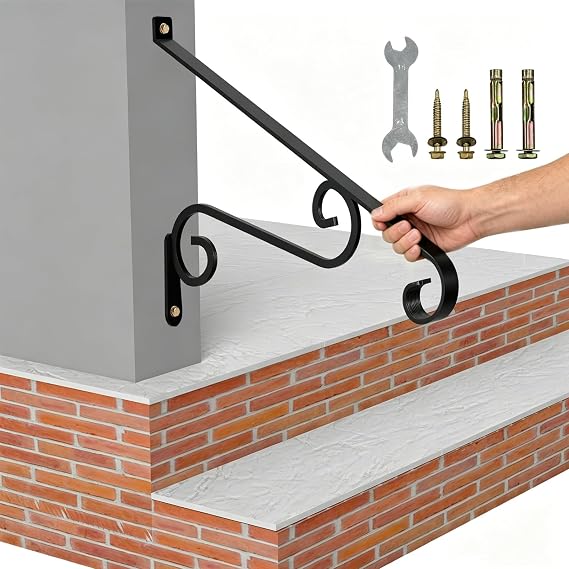 21.7" Outdoor Stair Handrails,1-2 Steps Stairs Rails-Wall Mounted Wrought Iron Hand Railing-Staircase Grab Rail-Heavy Duty Metal Art Handrail for Outdoor Steps-Porch Garage-Anti-Corrosion Carbon Steel