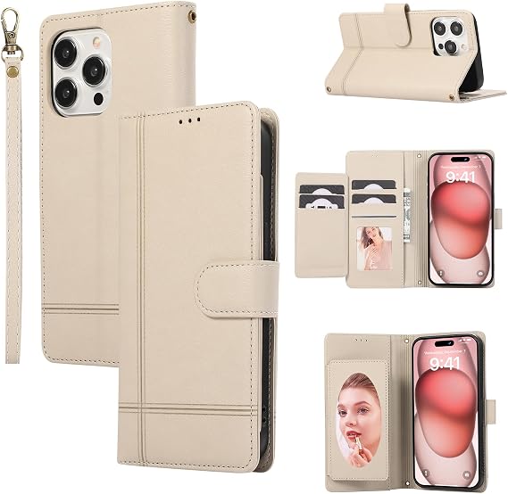 ONV ミラーウォレットケース iPhone 8 Plus対応 - Lines レザーケース カードスロットスタンドストラップ 耐衝撃 キャッシュポケット 無地 マグネット フリップカバー iPhone 8 Plus/iPhone 7 Plus 5.5インチ CX -ベージュ