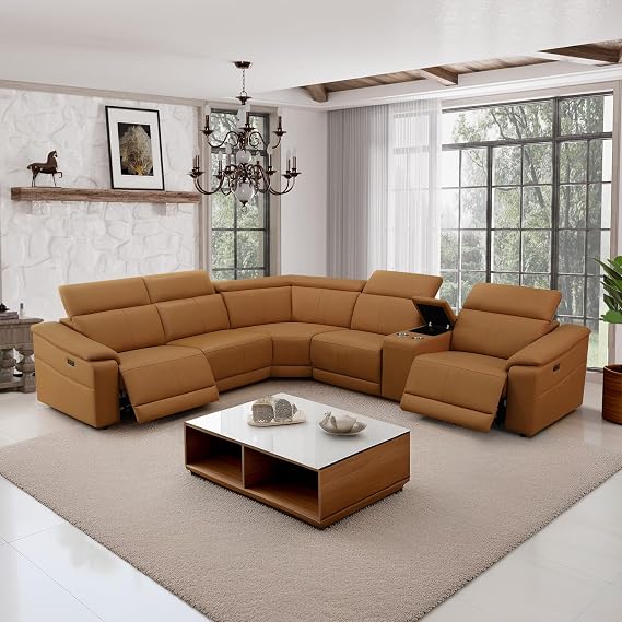 Power Reclining Sectional Sofa, L Shaped Leather Sectional Couch with Electric Recliners/USB Ports/Cup Holders/Storage Console, Caramel Reclining Sofa for Living Room/Home Theater/Office