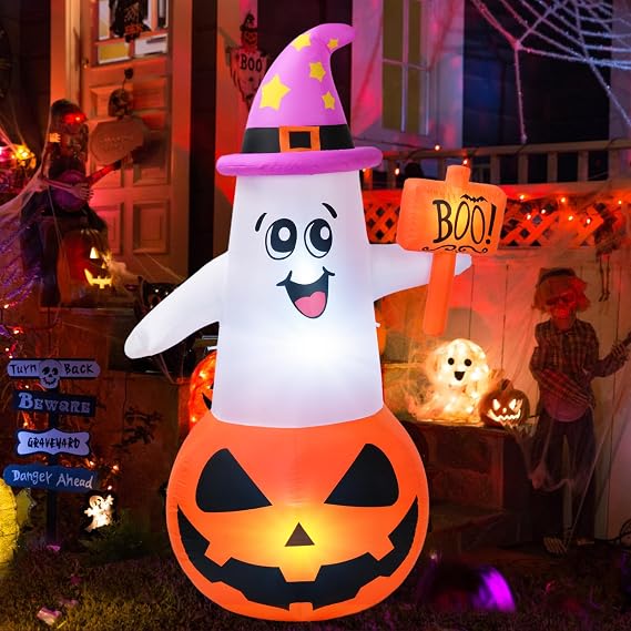 5Ft Halloween Inflatables Decorations Cute Pumpkin Ghost with Witch Hat