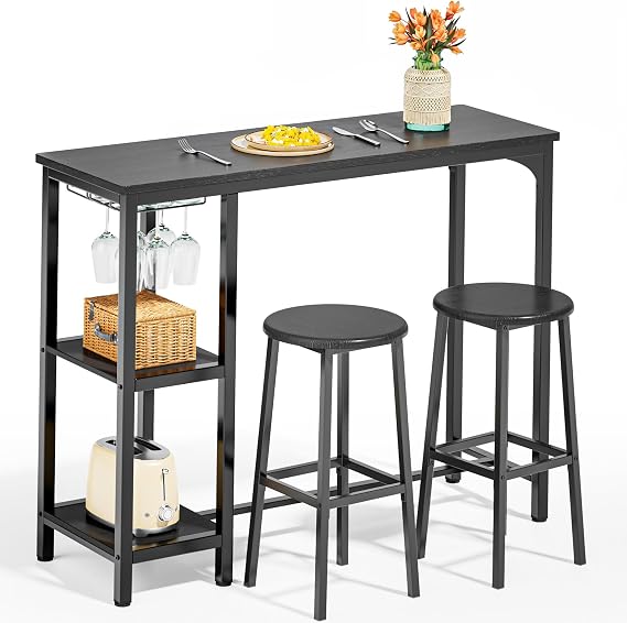 Qsun Small Bar Table Set for 2, Bar Table and Chairs Set for 2, Kitchen Table for 2 with 2 Storage Shelves & Wine Glass Holder, Dining Table for Small Apartment, Dining Room, Black