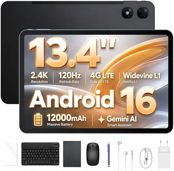 P13 Pro 13.4 Inch Large Tablet, Android 16 Tablets, Gemini AI, 120Hz, 48GB RAM+256GB ROM, 12000mAh/18W, T7280 Octa-Core, 4G Dual SIM, OTG, 16MP, Face ID, 5G WiFi, Tablet with Keyboard Stylus