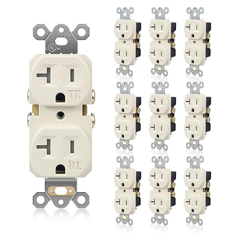 TOPELER 10 Pack Wall Electrical Outlets, Duplex Tamper-Resistant Receptacle Outlet, 20Amp 125V, 3-Wire, Self-Grounding, Push & Side Wire Wall Socket, UL Listed, Light Almond