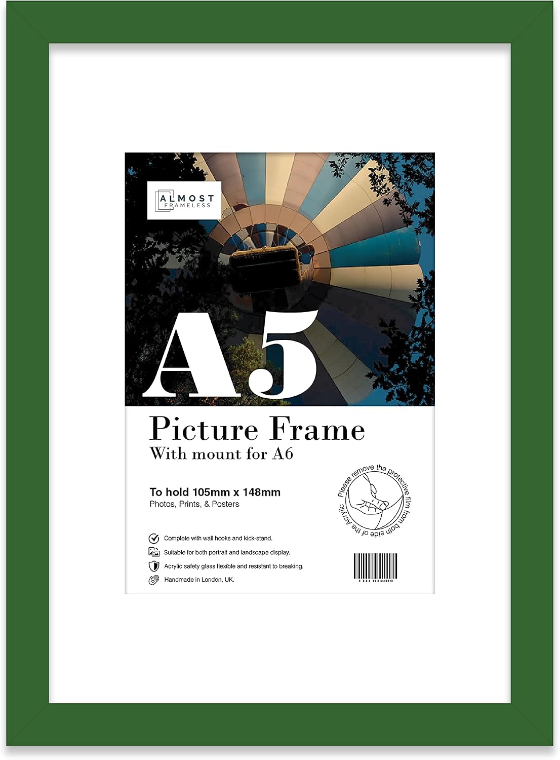 Almost Frameless A2 Black Picture Frame, Fits A2 (42 x 59.4cm - 16.5 x 23.4in) Poster, Photo, or Print. Portrait and Horizontal Wall Hooks