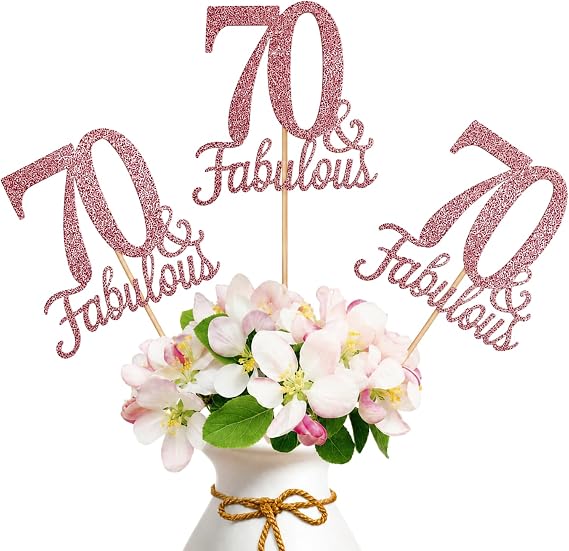 70 Fabulous Birthday Centerpiece Sticks, 10 Pcs Rose Gold Decor | Pre-assembled double-sided sticks for vases, party tables, dessert displays, gift tables and photos