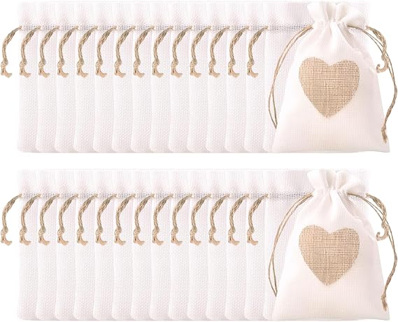 Cisixin 30PCS Drawstring Bag, Heart Burlap Bag, Reusable Hessian Bag, Mini Gift Bags for Christmas Jewelry Wedding Party DIY Craft