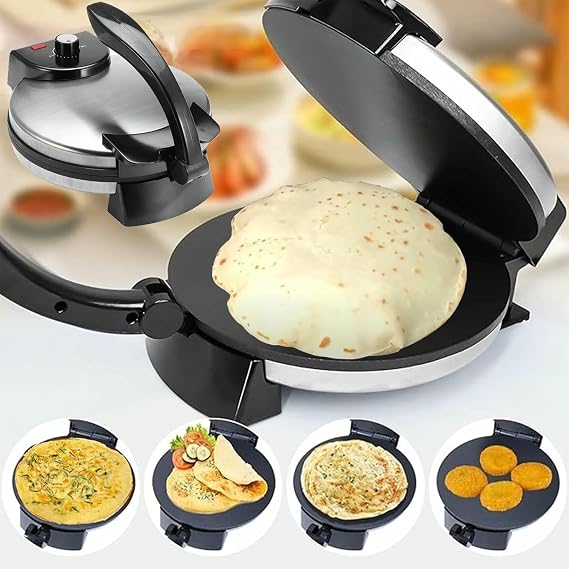 Electric Roti Maker 10 Inch Non-Stick Chapati Maker, 1800W Stainless Steel Roti Press with Anti-Scald Handle, Indicator Lights & Adjustable Temperature for Pancakes and Crepes