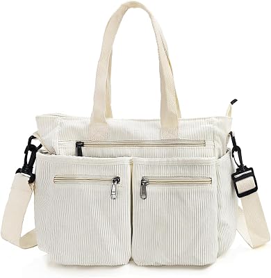 Womens Cute Corduroy Tote Bags with Multiple Pockets Travel Shoulder Bags Hobo Crossbody Bag Purse Handbag