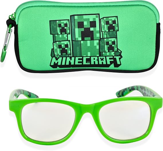 Minecraft Blue Light Blocking Glasses for Kids with Case Boys Computer Video Gaming Glasses Age 2-10 Eyewear Protection (Green/Black)