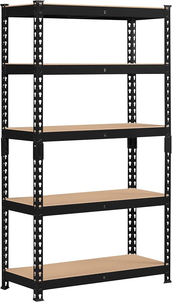Topeakmart 5 Tier Metal Storage Shelving Unit, 27.5x12x60 Inch, Black | Powder-coated iron frame and MDF boards hold 386 lb per tier; boltless adjustable shelves and a slim depth fit tight garages