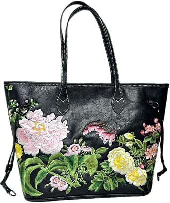 Embroidery Leather Tote Bag for Women Western Flower Totes with Zipper Large Shoulder Handbag