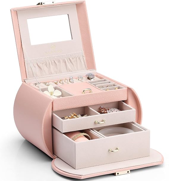 Vlando Princess Style Jewelry Box for Girls Jewelry Box Girls 12-14 3-Layer Kids Jewelry Box with Mirror Little Girls Jewelry Box 8-12 Birthday Gift for Teens Girls Pink