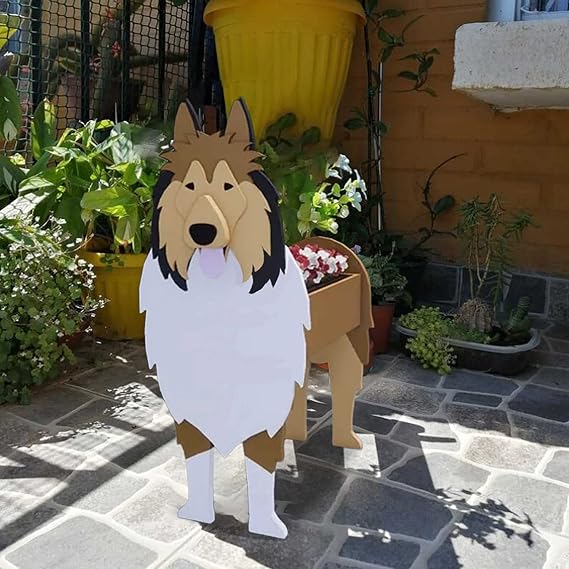 XOOFMASS Dog Planters for Outdoor Plants Rough Collie Shaped Cute Plant Pots Outdoor Garden Decor Cartoon Animals Shaped Flowers Pot Wooden Planter for Outdoor, Garden, Patio Decoration