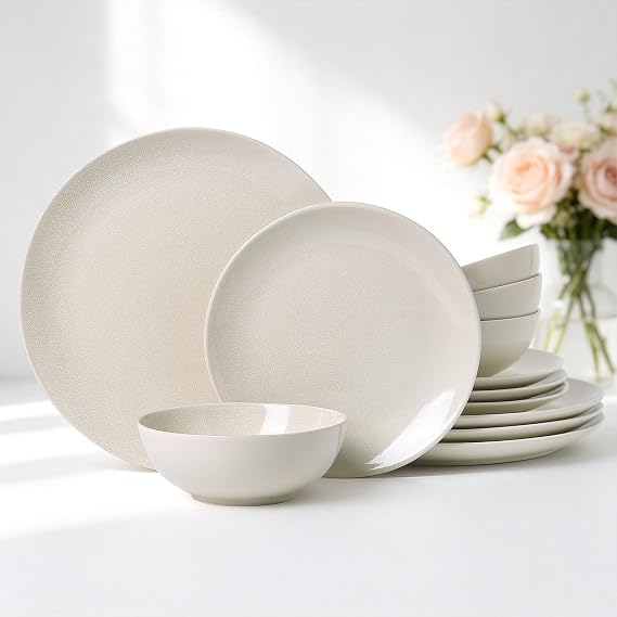 Dinnerware Sets for 4, 12 pcs Reactive Glaze Plates and Bowls Sets, White | Modern Stoneware Dishes, Chip & Scratch Resistant, Dishwasher and Microwave Safe Tableware, Glossy