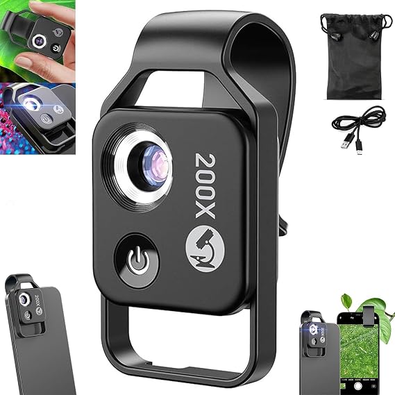 Nanozoom 200x Magnification Zoom, Nanozoom Cell Phone Lens, Nanozoom x200 Pocket Microscope Camera, Nano Zoom Lens 200x with CPL Lens/LED Light Black