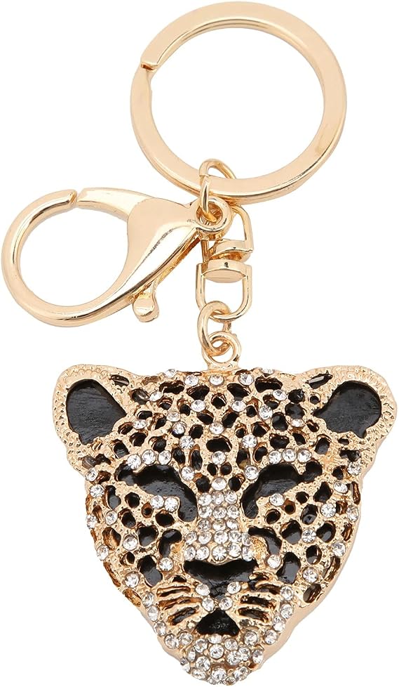 Pssopp Keychain, Gold Fashion Crystal Leopard Head Key Ring Leopard Head Car Bag Pendant for Girl Birthday Gift