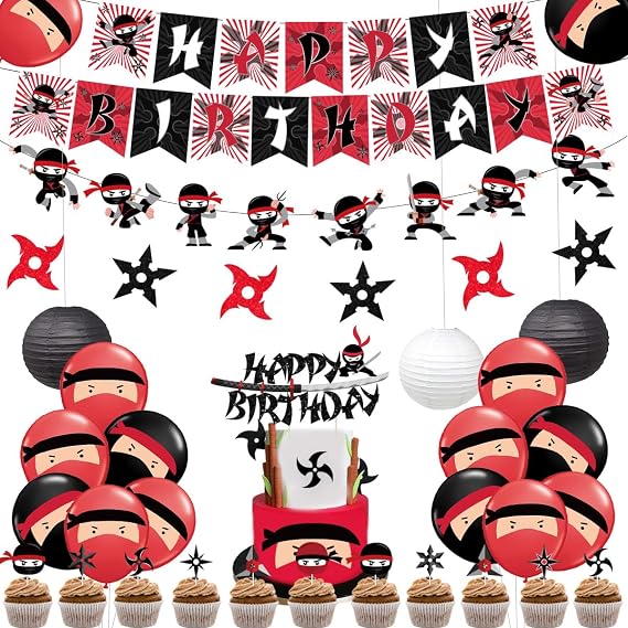 Ninja Birthday Party Decorations, Red and Black Warrior Themed Party Supplies for Boys with Ninja Happy Birthday Banner Cake Topper Sticker and Paper Lanterns