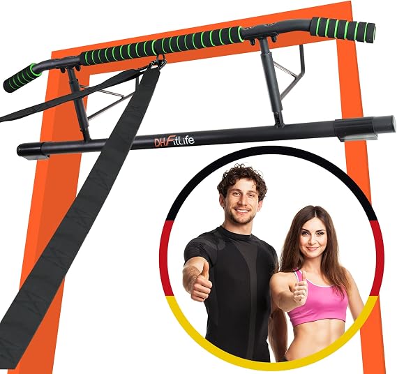 DH FitLife Klimmzugstange Türrahmen ohne Schrauben | Pull up bar Doorway | Reckstange Turnstange Türreck zum Einhängen | inkl. Schlingentrainer | Für Türrahmen 70-92cm